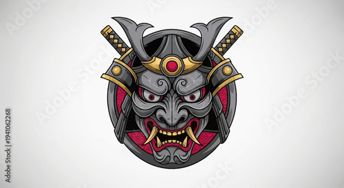 Japanese Samurai Mask With Swords Emblem