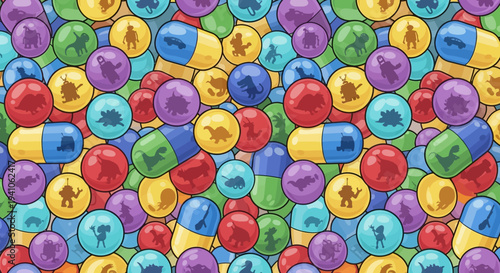 Colorful Pills with Dinosaur Icons - Fun Medicine Concept
