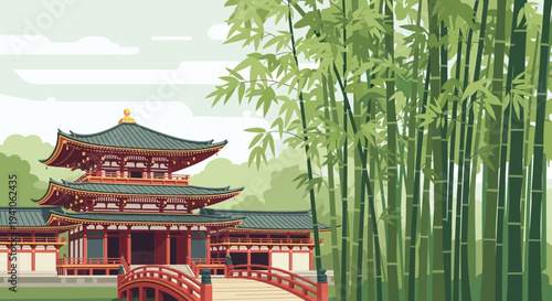 Traditional Japanese Temple and Bamboo Forest