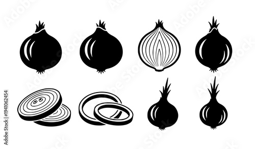 Onion silhouette icon collection vector set isolated on white background simple vegetable food symbols