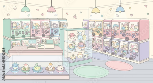 Pastel Gashapon Shop Interior with Cute Collectible Toys and Vending Machines