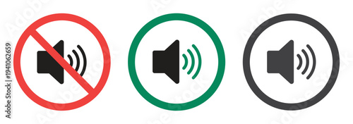 No speaker sound or keep silence red circle sign and green allowed vector icons, featuring mute and unmute volume button symbols, volume allow and prohibit signs