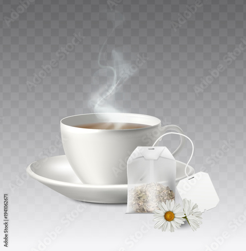3d realistic vector illustration. Chamomile green tea in white cup mockup. With tea sachet and  tag.