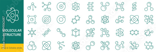 Molecular structure and chemical network line icon set featuring atoms, bonds, hexagon shapes and abstract science symbols in clean minimal outline vector style