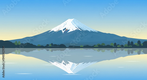 Iconic Mount Fuji Reflection on Calm Lake at Sunrise, Minimalist Japanese Landscape