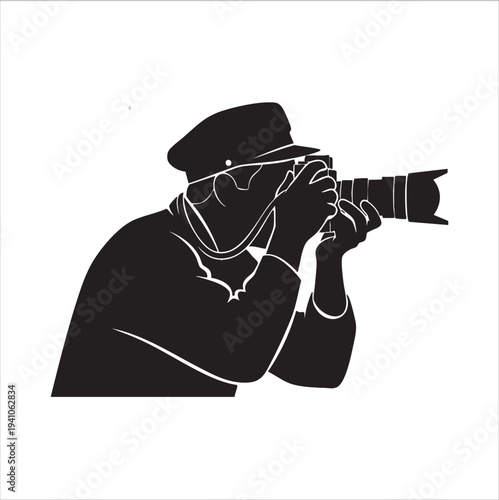 WebSilhouette photographer wearing hat taking picture with professional camera, isolated on white background