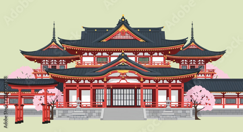 Traditional Japanese Temple Architecture with Cherry Blossoms and Torii Gates