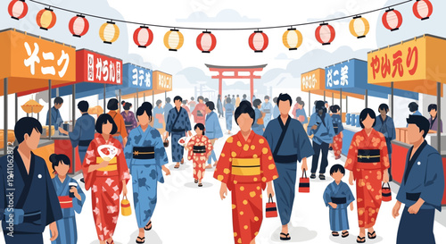 Japanese Summer Festival: People in Yukata Enjoying Food Stalls and Lanterns