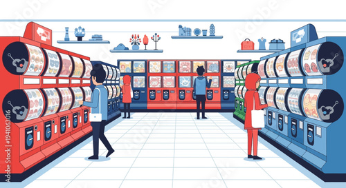 Pixel Art Vending Machine Store with Shoppers and Colorful Retail Interior