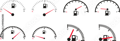 Speed meter icon set vector collection group showing dashboard gauge dial indicator for velocity measurement in automobile transport interface design isolated graphic symbol for speedometer instrument