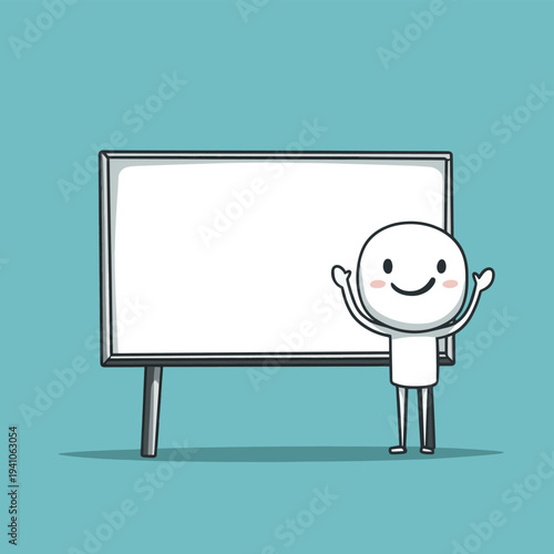 A simple stick figure character presents an empty billboard with a friendly smile and a gesture of invitation. , vector style simple color