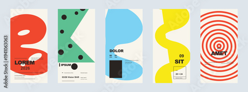 Minimalist vertical posters with bold geometric shapes and abstract patterns in primary colors for modern art and contemporary graphic design projects
