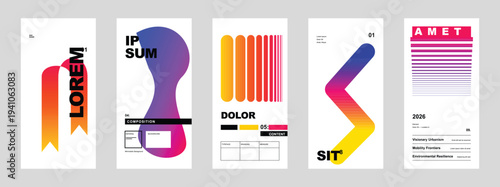 Collection of five abstract vertical banners with colorful gradients and geometric shapes for modern mobile app screens and social media stories