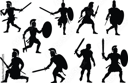 Ancient warriors silhouettes, Greek soldiers, Roman fighters, sword and shield poses, classical armor design, historical battle illustration, mythological combat artwork