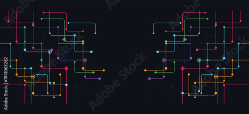 Abstract digital technology background with colorful circuit line patterns and dots on a dark background for networking and connectivity concepts