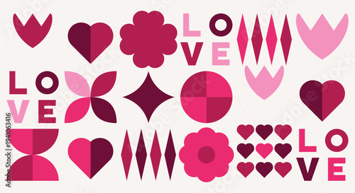 Pink and red heart shapes and geometric flower icons with love text on light background for romantic valantine day graphic design