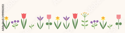 Border of flat vector flower icons including tulips and daffodils on a light cream background for spring season nature themed designs