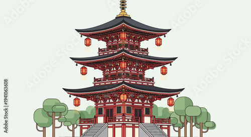 Traditional Japanese Pagoda Temple with Lanterns and Trees