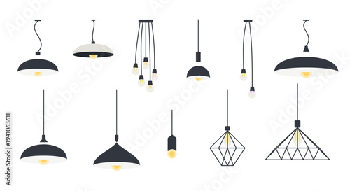 Collection of modern black pendant lights and hanging lamp icons in various styles for interior design decor and architectural lighting projects
