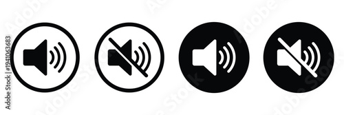 Mute and No Sound Icons Set – Audio Off, Volume Control, and Microphone Symbol Vector Illustration