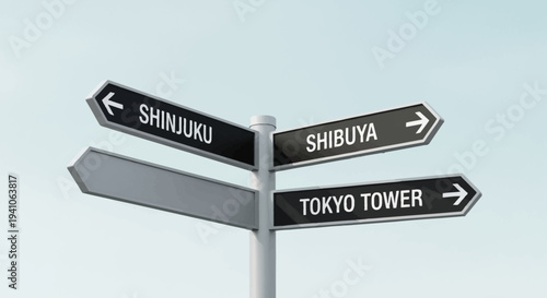 Tokyo directional signpost pointing to Shinjuku, Shibuya, and Tokyo Tower