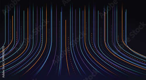 Abstract dark background with glowing blue and orange curved lines rising upward representing digital data flow and high technology connectivity network