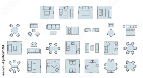 minimalist architectural floor plan symbols for various home furniture layouts and interior design projects