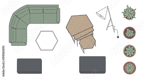 modern living room interior design elements overhead showcasing sofa nesting tables ottomans lamp and potted plants.