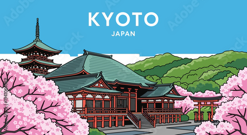 Kyoto Japan Cherry Blossom Temple Pagoda Torii Gate Mountains Greenery