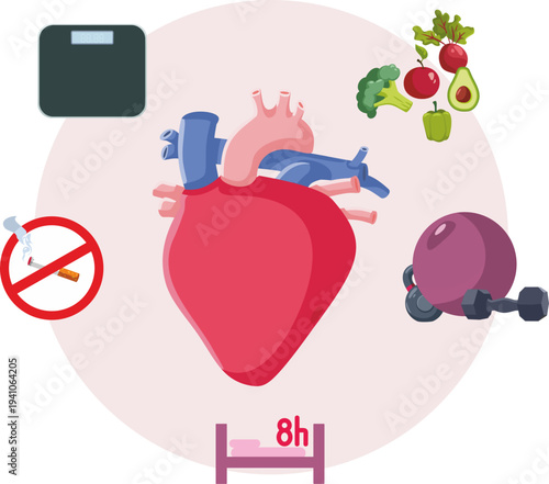 Heart Health and Healthy Lifestyle Concept Illustration. Cardiovascular Disease and Atherosclerosis Prevention Infographic 