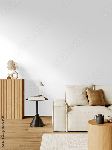Fotografie Minimalist Living Room Wall Mockup PNG with Sofa and Wooden Cabinet, Transparent