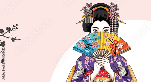 Elegant Geisha with Colorful Fan Hiding Face, Traditional Japanese Kimono, Cherry Blossoms