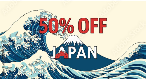 Japan Travel Discount Banner with Iconic Wave and Mount Fuji Art