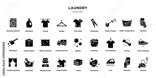 Laundry service and washing icons set in black and white