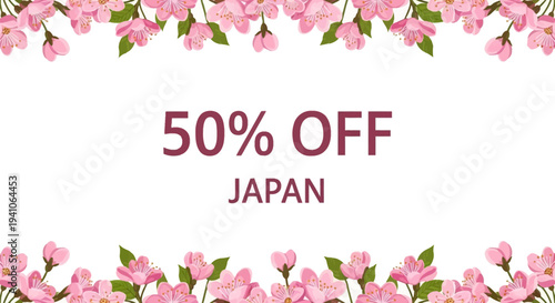 Japan travel discount with cherry blossom border, 50% off promotion banner