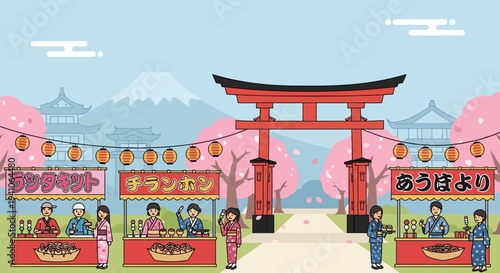 Japanese Festival Scene with Torii Gate, Cherry Blossoms, and Food Stalls
