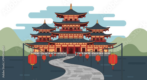 Pixel Art Traditional East Asian Palace with Red Lanterns and Winding Path