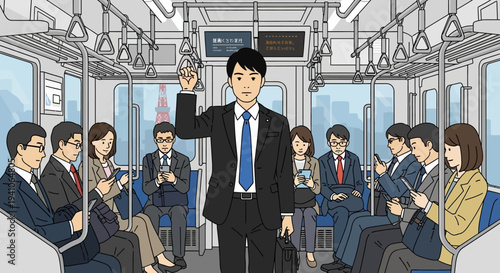 Commuter Man Standing in Crowded Train with Cityscape View