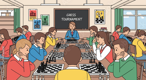 Children Playing Chess in a Classroom Tournament with Teacher Supervision