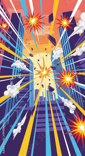 Dynamic comic style city explosion with flying debris and smoke