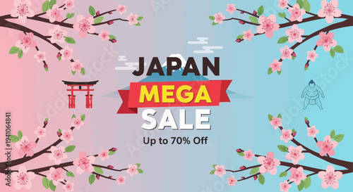 Japan Mega Sale Banner with Cherry Blossoms, Mount Fuji, and Torii Gate