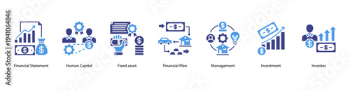 Capital Investment web banner vector illustration featuring Financial Statement, Human Capital, Fixed Asset, Financial Plan, Management, Investment, and Investor.
