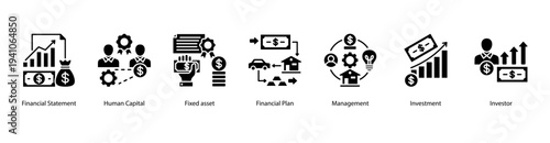 Capital Investment web banner vector illustration featuring Financial Statement, Human Capital, Fixed Asset, Financial Plan, Management, Investment, and Investor.