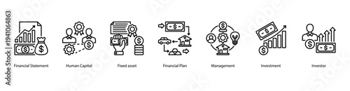 Capital Investment web banner vector illustration featuring Financial Statement, Human Capital, Fixed Asset, Financial Plan, Management, Investment, and Investor.