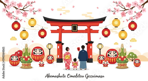 Japanese Family Celebrating New Year Under Torii Gate with Daruma Dolls and Cherry Blossoms