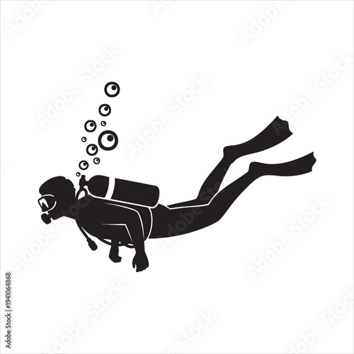 WebBlack silhouette of a scuba diver with air bubbles, representing underwater exploration, sport, and marine life
