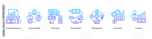Capital Investment web banner vector illustration featuring Financial Statement, Human Capital, Fixed Asset, Financial Plan, Management, Investment, and Investor.