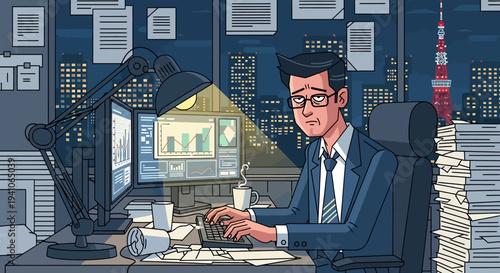 Tired businessman working late at night in a modern office with city view