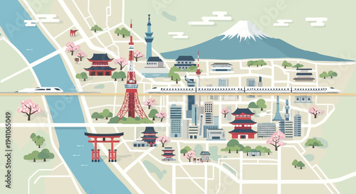 Tokyo City Map Illustration: Landmarks, Cherry Blossoms, Mt. Fuji, and Bullet Train