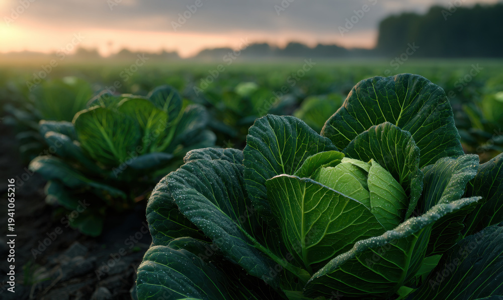 Fototapeta premium Green cauliflower field at sunrise with dew on cabbage leaves, close up of vegetable rows and rural landscape evoking freshness and morning light